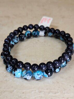Orca Agate & Blue Sandstone Bracelet Set Boho Crystal 6mm 8mm